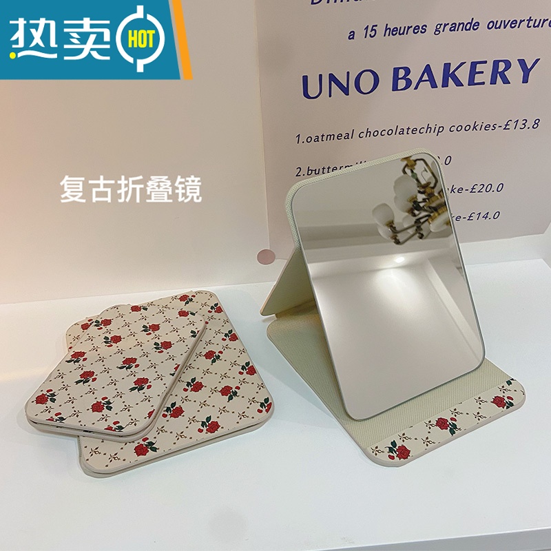 敬平随身便携公主镜皮质复古折叠镜卧室宿舍桌面台式化妆高清梳妆镜子便携式用镜 小号折叠镜+气垫梳草绿高清大图
