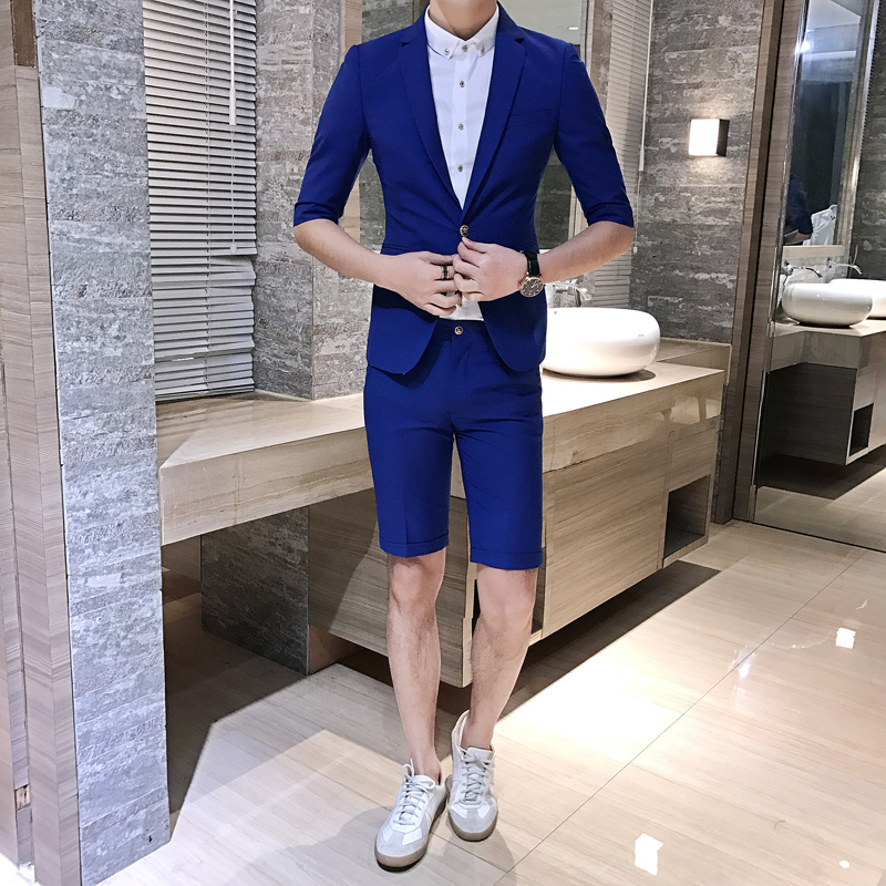夜店公子中袖西服套装少爷装韩版修身男士西装两件套演出小礼服男
