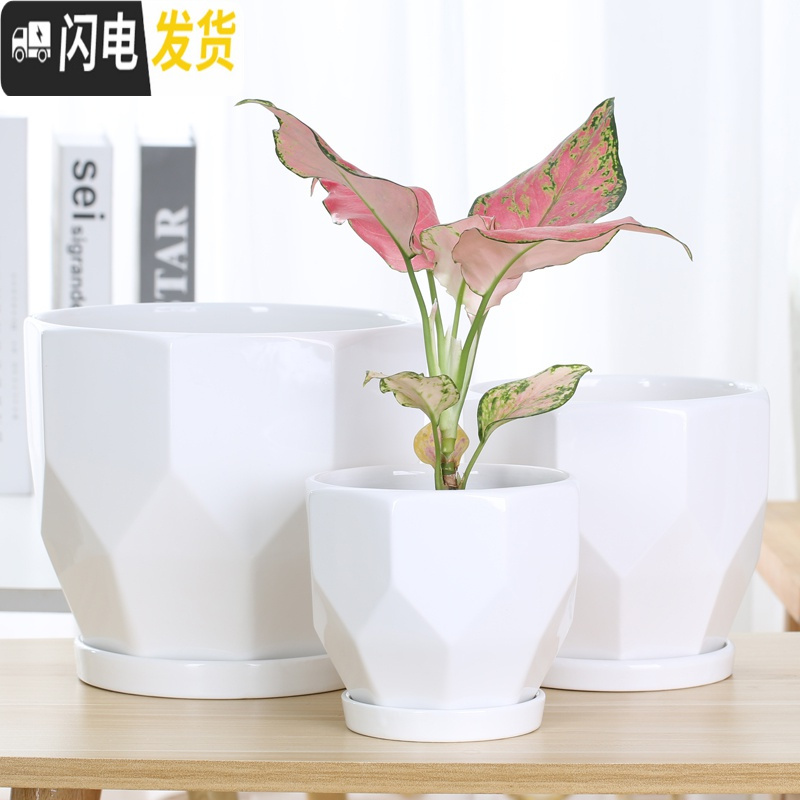 三维工匠花盆陶瓷大号特大创意个性带托盘塑料绿萝吊兰多肉小花盆 70002白(高款) 大花盆容器