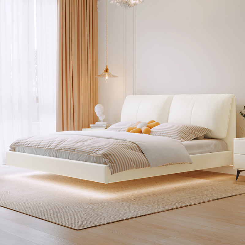 冬熊极简北欧风悬浮床轻奢头层真皮软包床简约现代双人主卧室大床