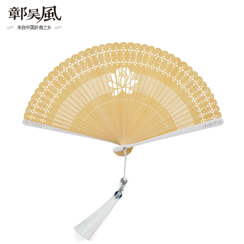 手工扇子女古风折扇女式中国风礼品舞蹈扇日式和风小扇迷你旗袍扇 三维工匠 白玉色荷花(送扇套)高清大图