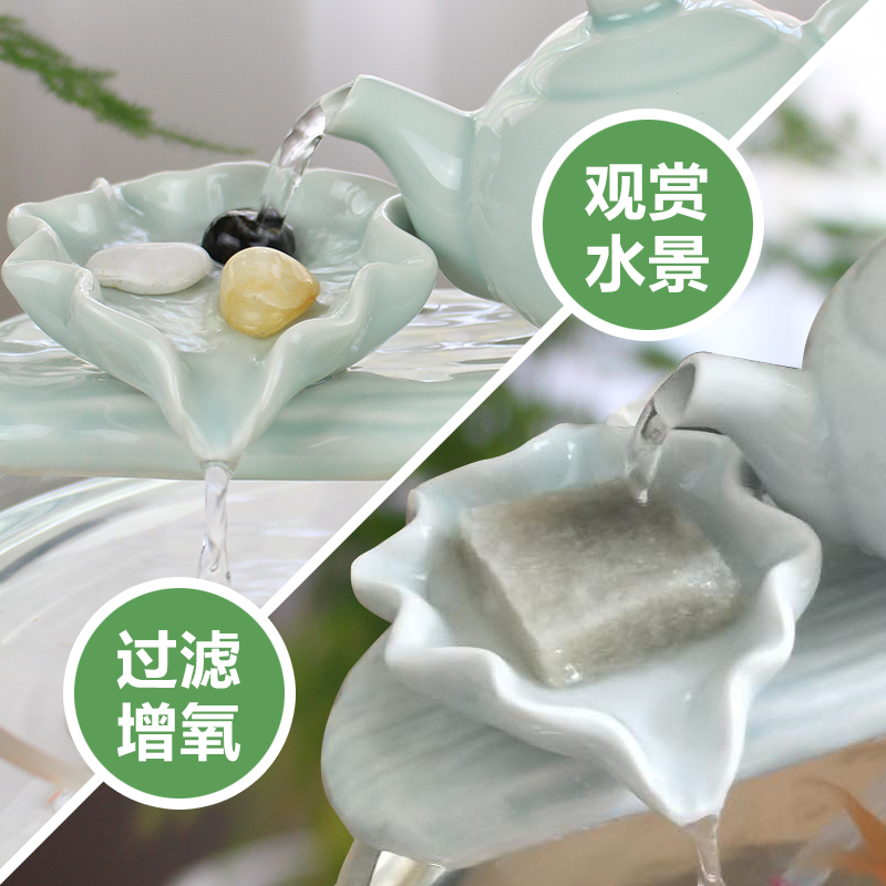 小鱼缸过滤增氧流水器陶瓷圆形装饰水景搭配小喷泉室内自循环摆件 三维工匠 竹排花瓶-墨绿色(小号)高清大图