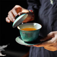 領藝 日式盖碗茶杯大号单个三才茶碗景德镇风格功夫茶具家用窑变陶瓷泡茶器 落宇盖碗约180ml
