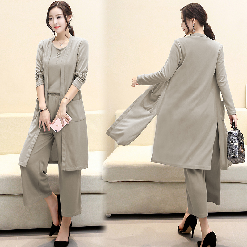 秋季新款女装405060岁中年妈妈休闲时尚三件套装长袖阔腿九分裤