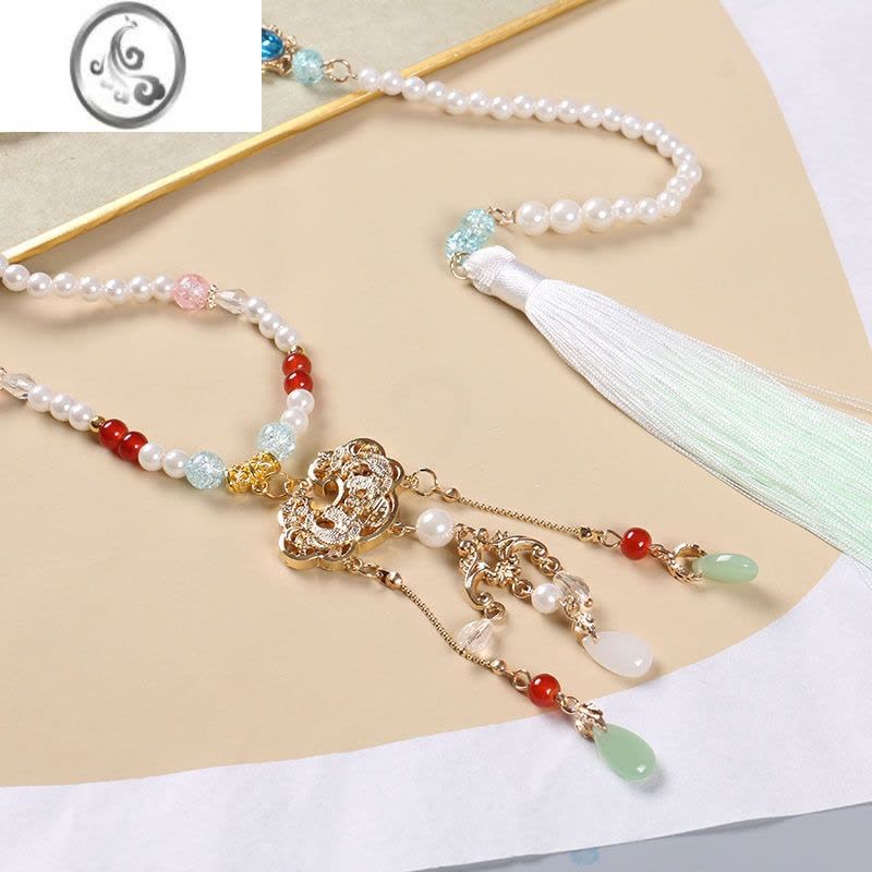 JiMi璎珞女长款明制后缀流苏背云项链唐风坦领汉服配饰古风平安锁吊坠图片