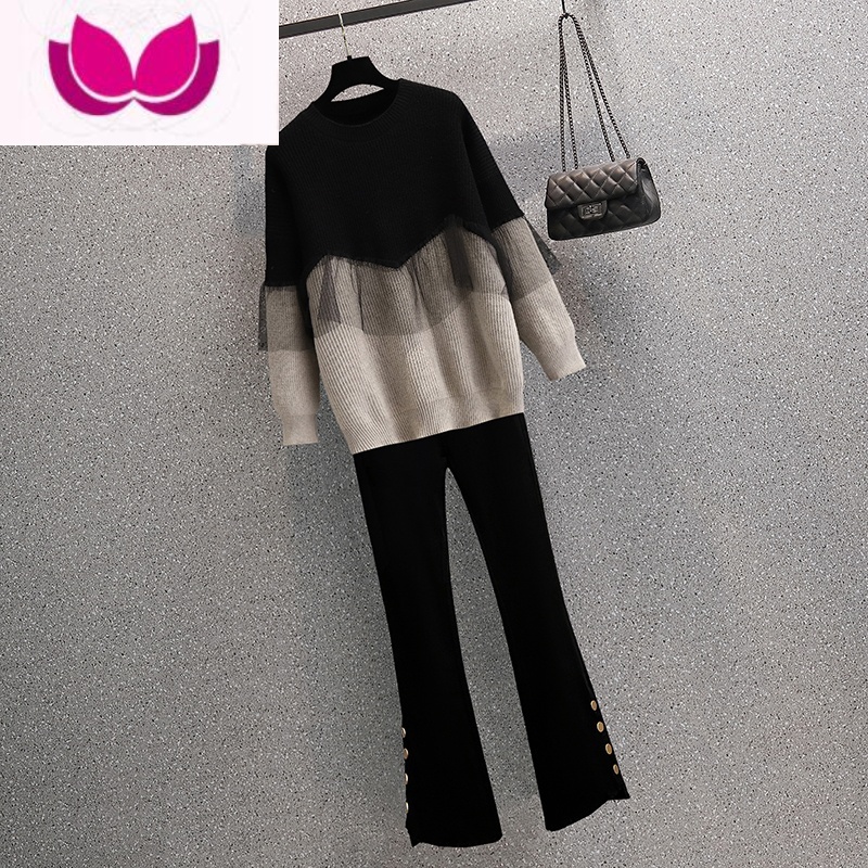 七斓大码女早春显瘦遮肉针织毛衣上衣套装裤减龄韩剧穿搭配一整套高清大图