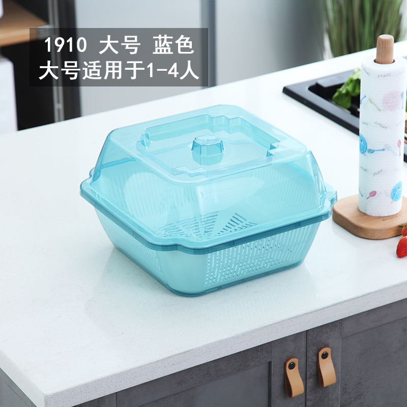 塑料碗柜装碗筷收纳盒放碗箱沥水碗架厨房家用带盖碗盆碗碟置物架收纳层架三维工匠 碗盆1910大号-蓝色