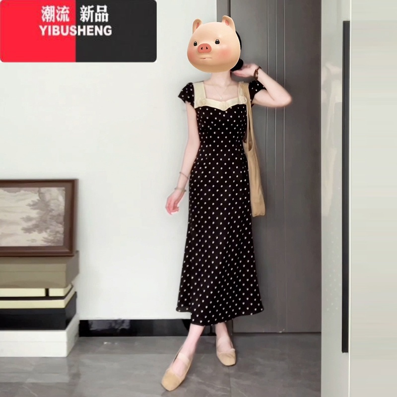 YIBUSHENG茶歇法式气质黑色显瘦波点连衣裙子女季2024新款韩系高级感长裙