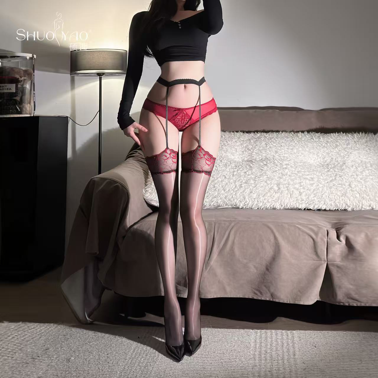 硕遥【蓝莓 】极光吊带一体油亮丝袜蓝色蕾丝长筒袜女性感黑丝A278 A279黑红【吊带款】