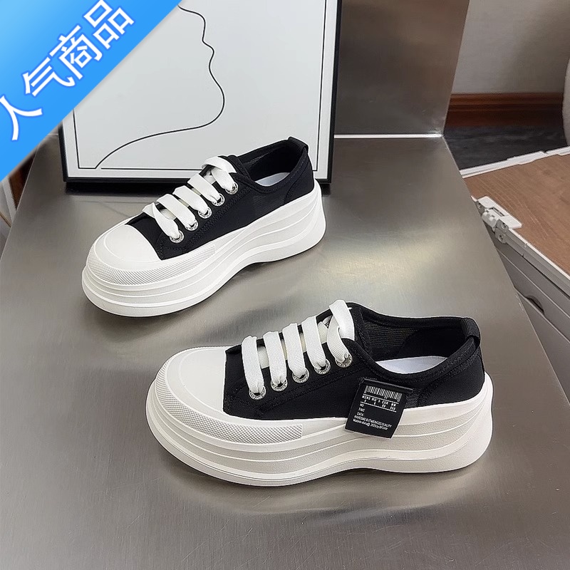 SUNTEK帆布鞋女夏季2023年新款松糕厚底女鞋薄款网面小白鞋休闲运动板鞋高清大图