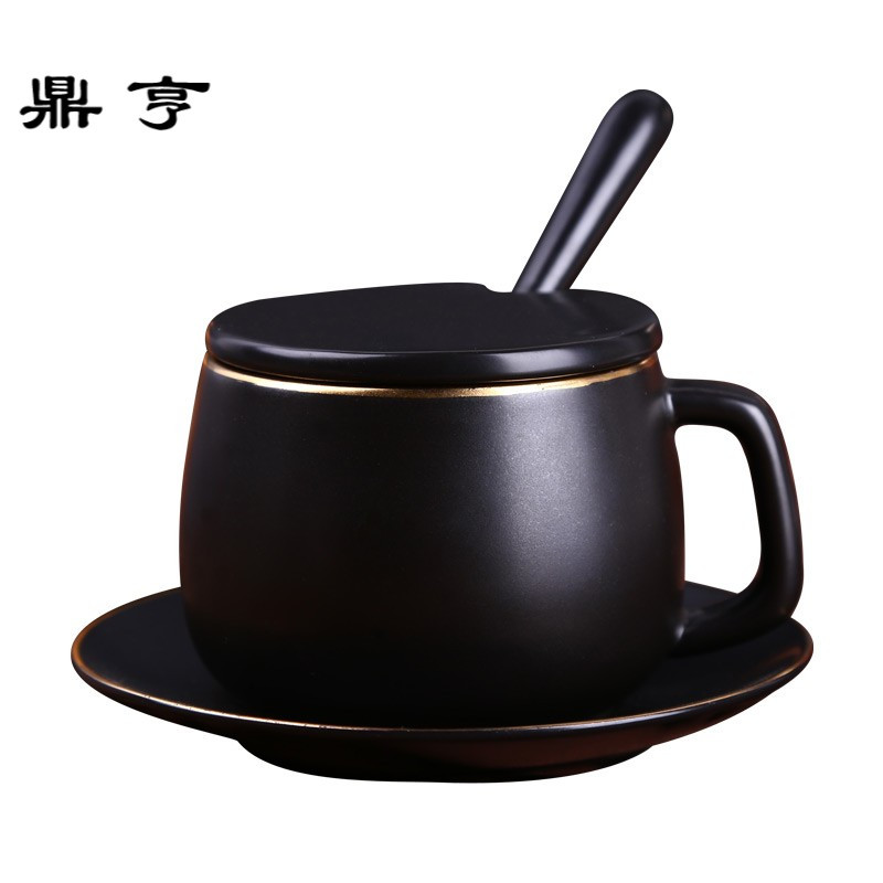鼎亨欧式描金陶瓷马克杯创意复古简约咖啡杯子带碟勺盖茶杯水杯礼