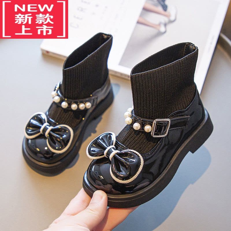 可莉允童鞋女童靴子春秋新款软底二棉袜靴中大童黑色玛丽珍马丁靴小女孩图片