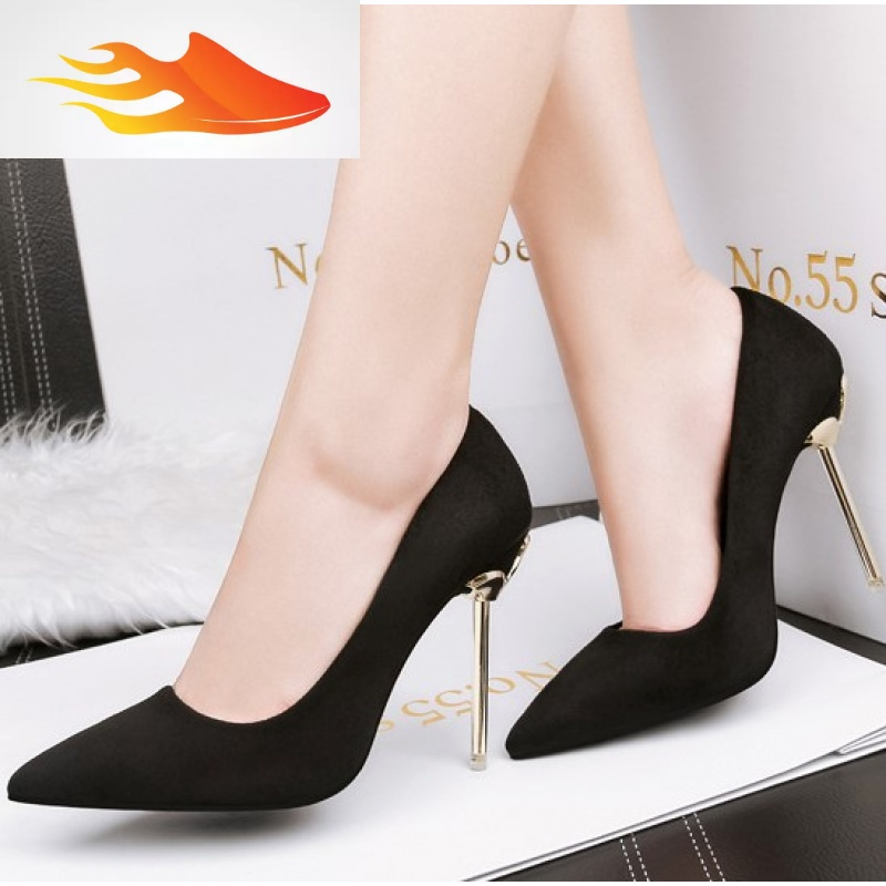 fishbasket春款尖头高跟鞋金属细跟工作鞋女黑色职业女鞋绒面性感浅口