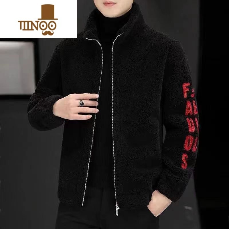 YANXU2023新款酷帅新款男士外套加厚保暖羔绒夹克一体毛呢高清大图