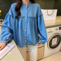 唐狮秋季衬衫女荷叶边分割长袖衬衣气质淑女纯色上衣百搭