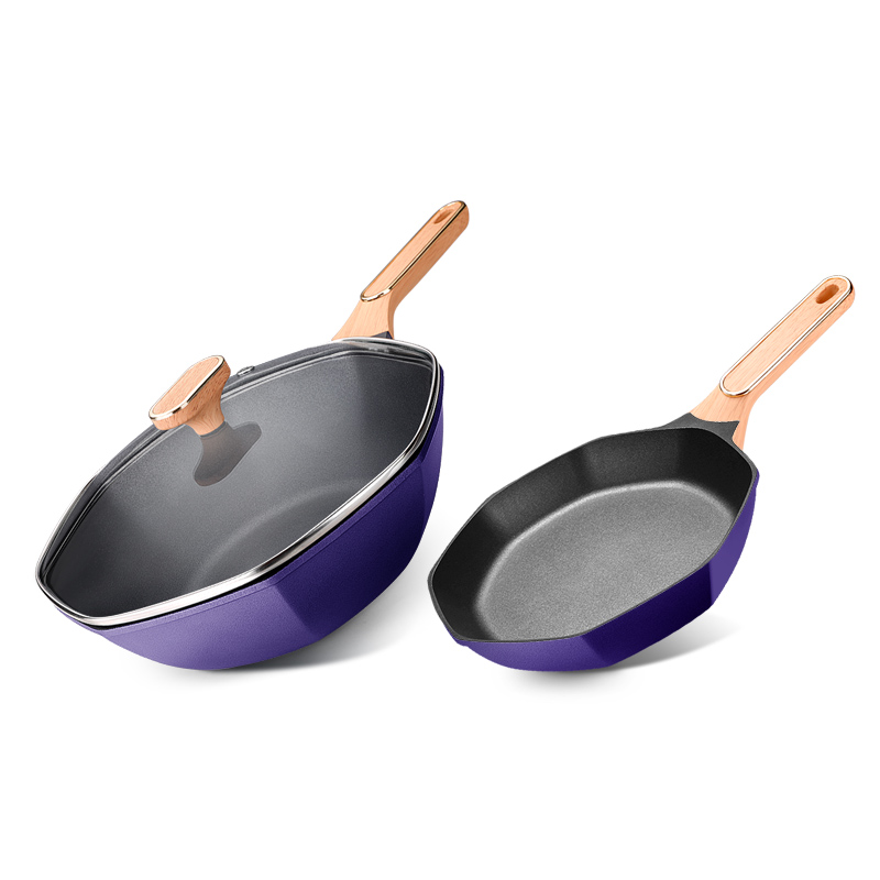 新丰腾网红八角不粘锅炒锅家用多功能炒菜锅平底锅不沾电磁炉燃气灶专用锅八角锅轻奢两件套宝蓝高清大图