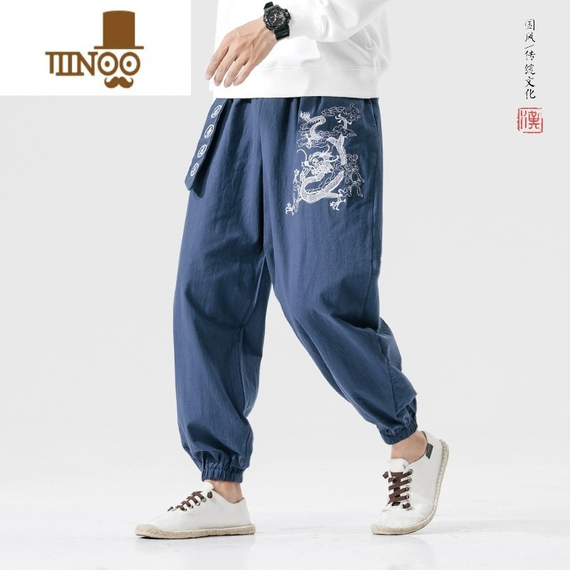 YANXU中国风男装棉麻裤子刺绣亚麻休闲裤哈伦束脚裤宽松灯笼九分长裤男
