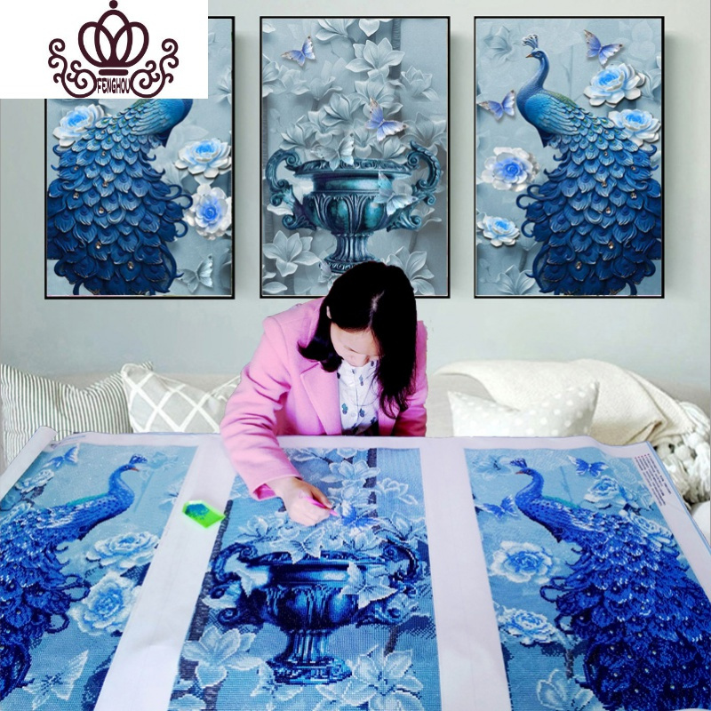 封后(FENGHOU)钻石十字绣钻石绣2019新款孔雀5d钻石画满钻三联画客厅大幅砖石 [满钻三幅一起尺寸]180*90