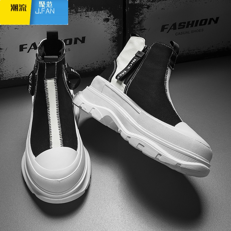 聚范帆布鞋子男鞋高帮夏季韩版潮流百搭厚底松糕板鞋运动休闲潮鞋透气