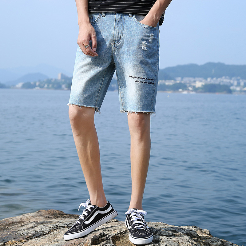 亚木牛仔短裤男士夏季薄款五分裤子男弹力破洞休闲短裤直筒韩版潮裤子新款