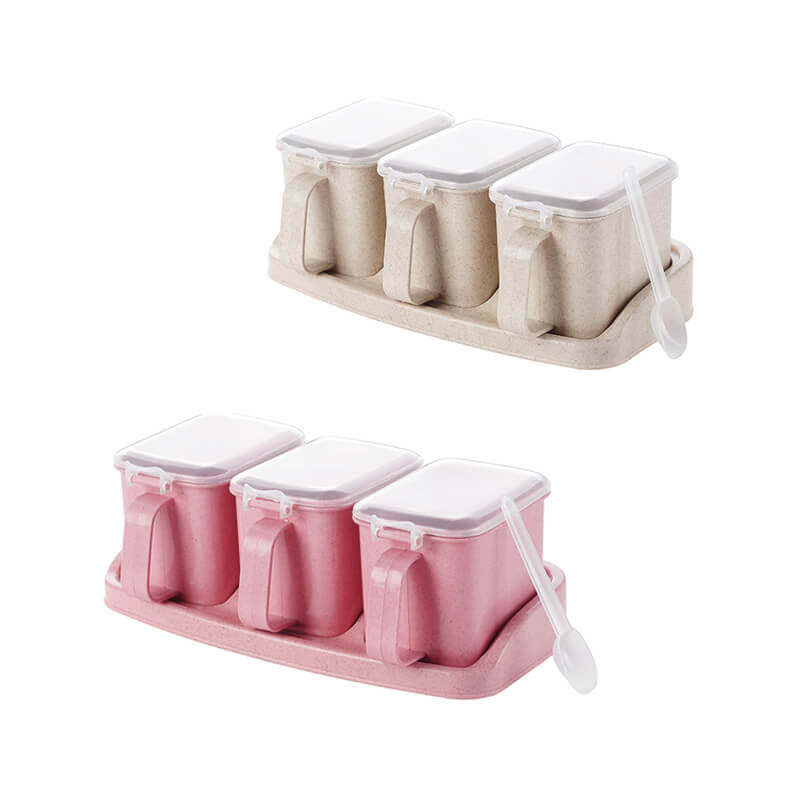 调料罐套装盒子厨房用品带盖盒盐罐调味品家用带勺收纳盒调料盒 米色3格+粉色3格（有底座） 