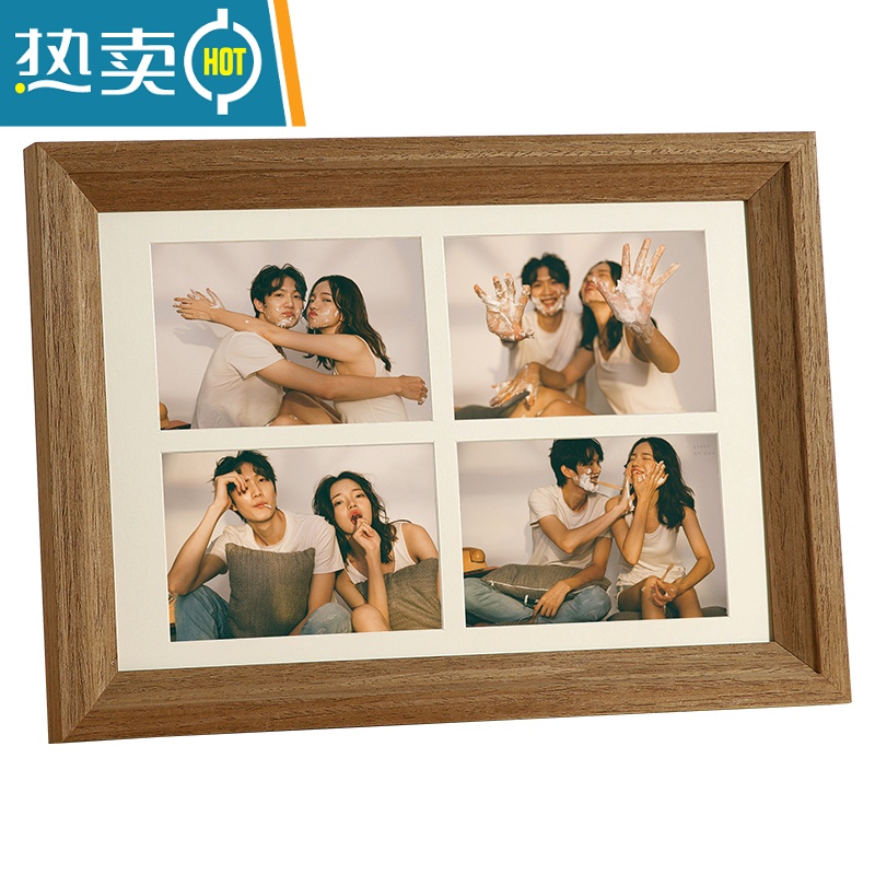 敬平创意四联组合宫格摆台洗照片做成情侣婚纱照相册框照片打印加相框 原木色-4宫格[内框20.5*30.5cm]放四张5寸高清大图