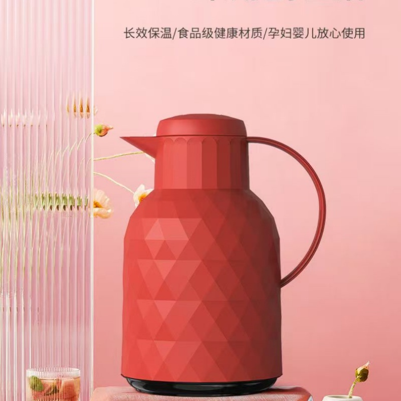 乐唯诗 保温壶家用玻璃内胆按压款钻石棱 大红色—1000ml高清大图