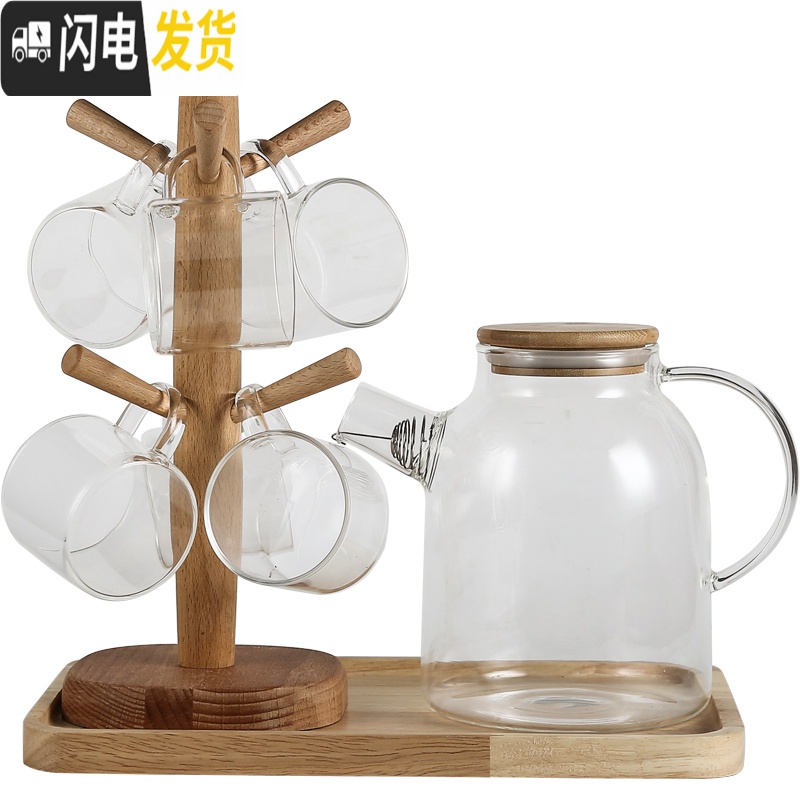 三维工匠玻璃冷水壶套装欧式可高温凉水壶杯子家用大容量凉白开热水壶防爆 透明F6杯1架高清大图