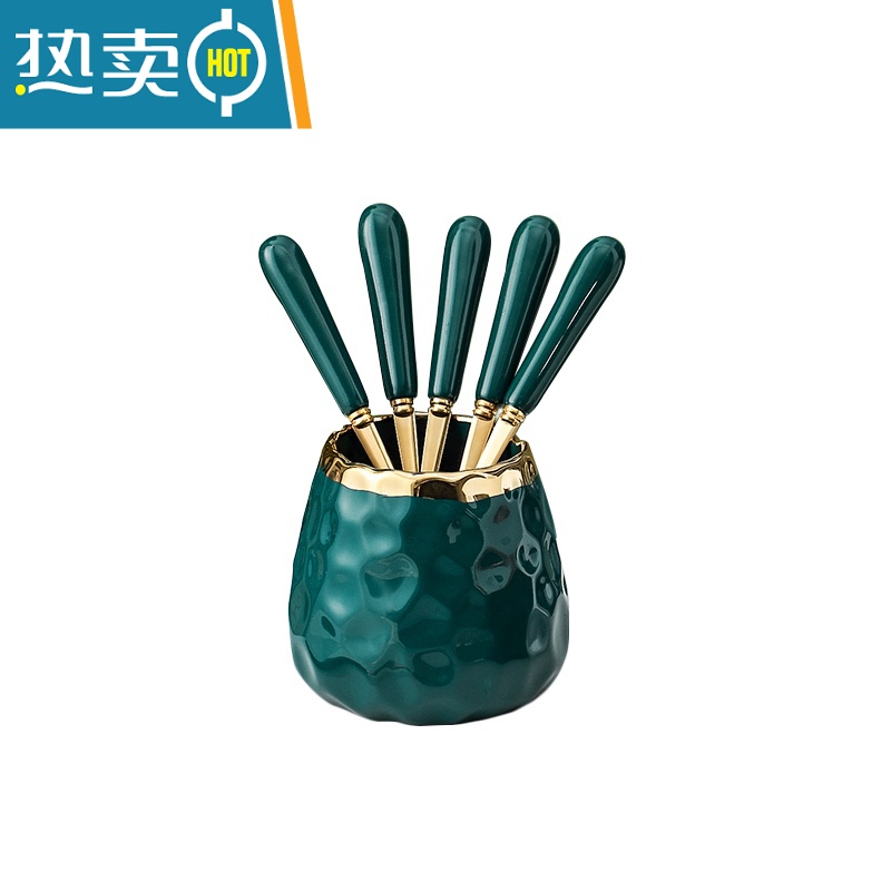 敬平家用可爱水果叉子高端不锈钢蛋糕甜品叉儿童安全水果签收纳罐套装 陶瓷描金罐蓝色+4支陶瓷柄叉子+2只甜品勺高清大图