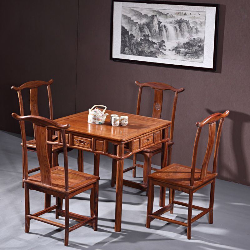 红木家具花梨木中式仿古餐桌椅实木简约小方桌休闲棋牌茶桌阳台桌_44_44 花梨90*90*78带抽屉五件套