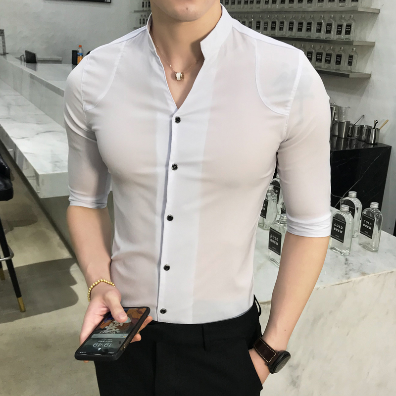 型师夜店黑色衬衫5七分袖男V领百搭纯色韩版修身商务衬衫夏季潮