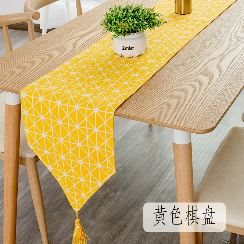 北欧桌旗现代简约茶几桌旗布长条餐桌茶台布艺鞋柜布盖巾床旗尾巾 黄色棋盘 30*200cm（适合140-160cm_664