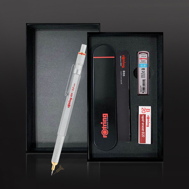 红环(rOtring)自动铅笔 专业绘图工具 金属笔身伸缩笔头800系列 银色0.5mm礼盒装