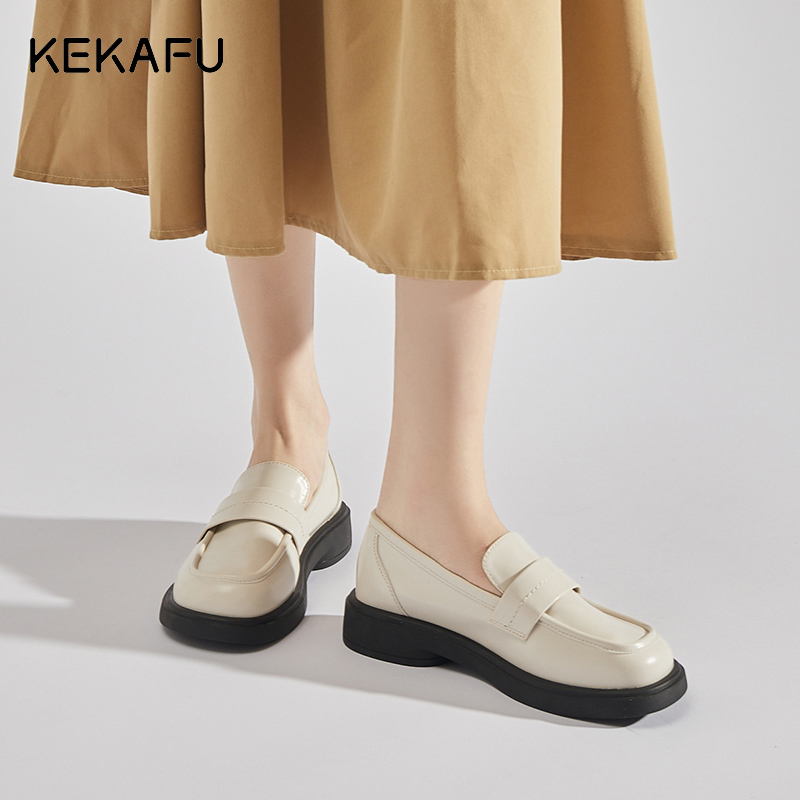 珂卡芙厚底乐福鞋女2024年春季新款英伦风黑色小皮鞋女一脚蹬单鞋