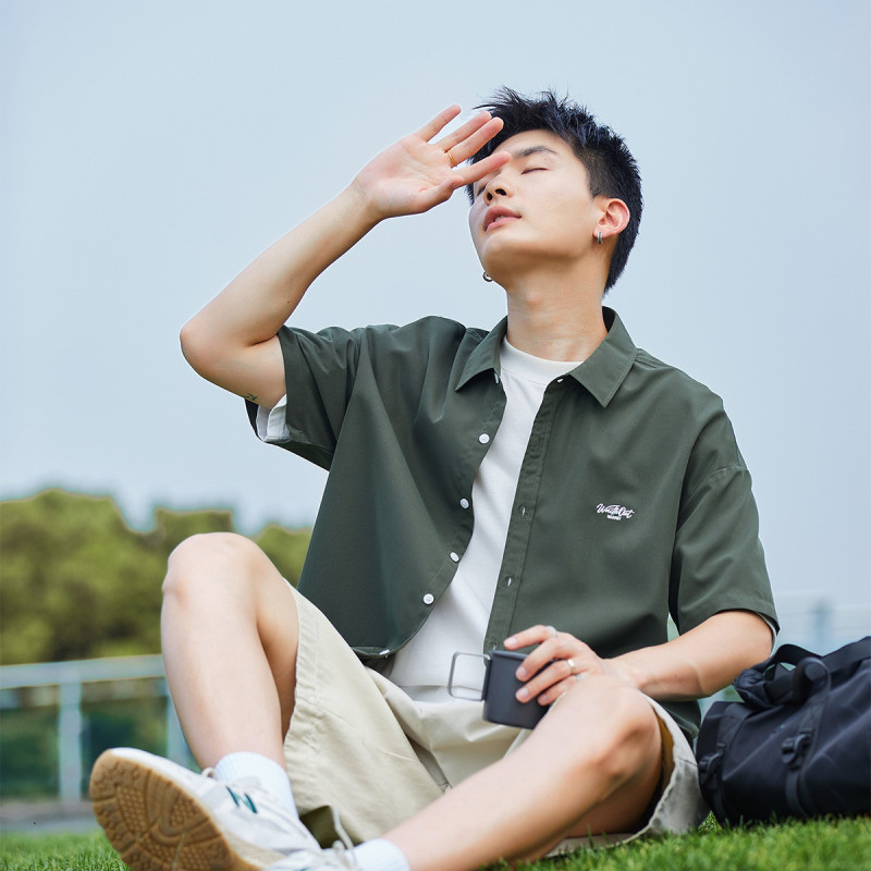 [1.5折价58元]唐狮短袖衬衫男小细节拼接短袖衬衫男士短袖衬衫短袖衬衫男夏季