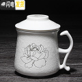三维工匠陶瓷过滤茶杯带盖家用杯子大容量水杯茶水分离铁观音泡茶杯办公杯 三件杯白金牡丹