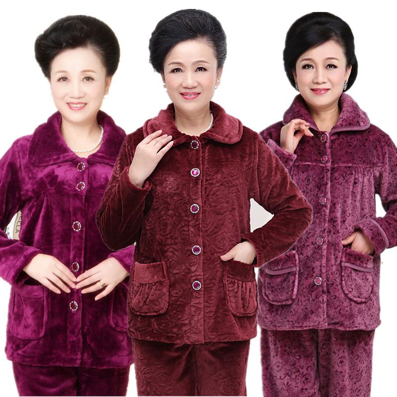 中老年人睡衣女冬加厚加绒法兰绒大码家居服珊瑚绒老人睡衣女套装