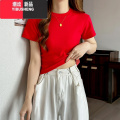 YIBUSHENG2024短袖正肩t恤女季新款修身高腰短款紧身打底内搭S袖B女 L码适合106-125斤 红色