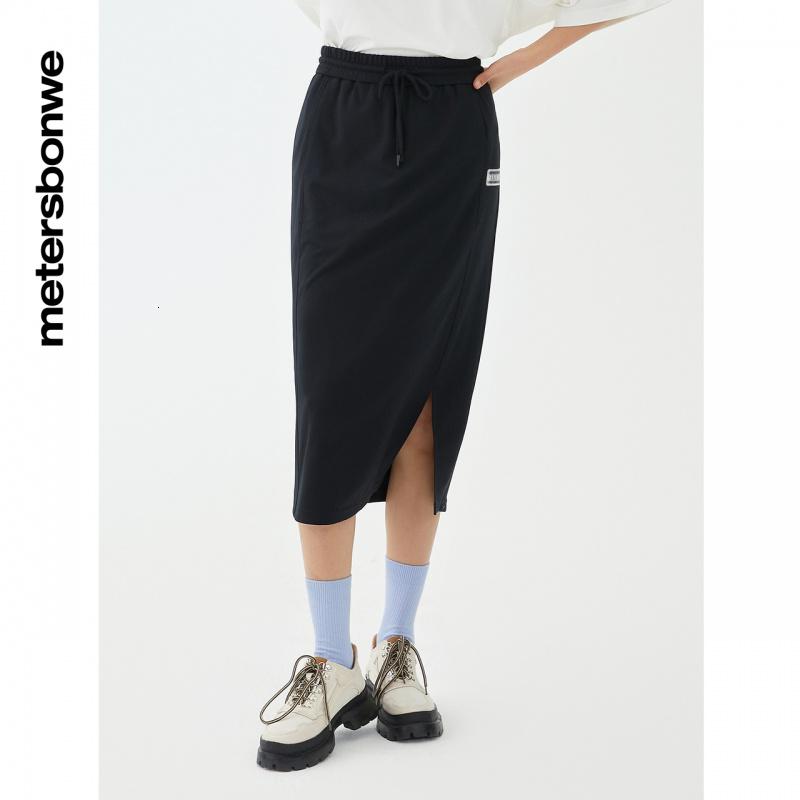 [1件5折价:59.5]美特斯邦威开叉半身裙女百搭时尚潮流黑色舒适抽绳裙子