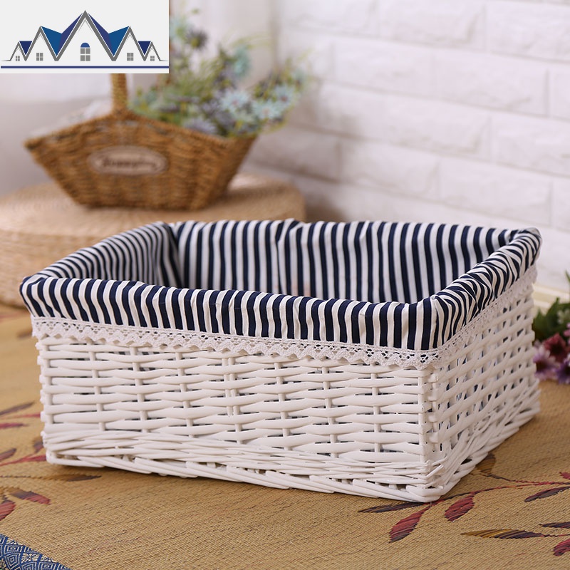 藤编储物盒柳编篮子收纳置物整理篮桌面零食杂物框编织布艺 三维工匠收纳篮 纯白色（大号）35cm*25cm*14cm