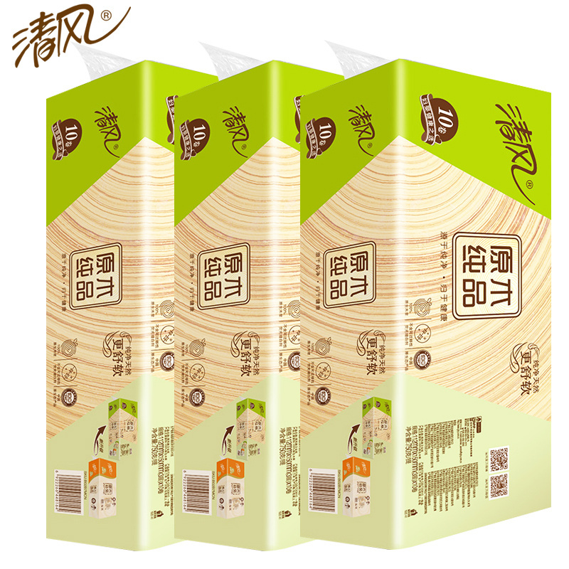 清风卷纸卫生纸750g公用家用家庭装无香厕所无芯纸巾卷筒纸6提60卷