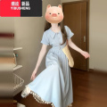 YIBUSHENG学院风蓝色连衣裙子女装季2024新款法式气质看绝美收腰长裙 蓝色连衣裙今年流行漂亮独特法式初恋气质绝美海边度假沙滩裙微胖 60/65kg/XL