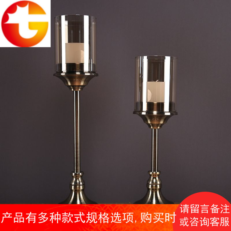 简约美式餐桌样板房软装饰品摆件新年烛光晚餐道具水晶金属蜡烛台
