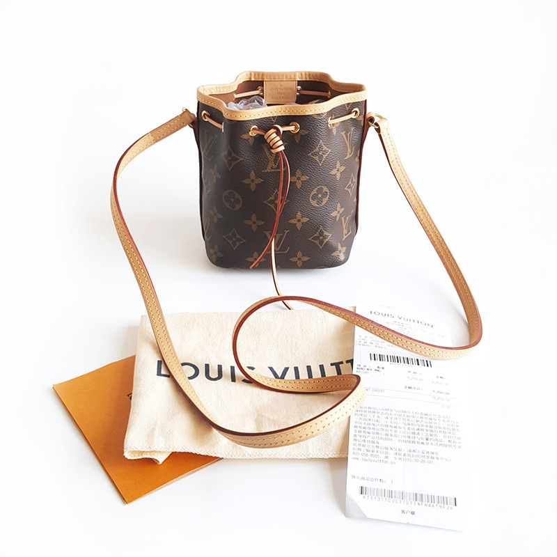 正品lv路易威登女包棕色老花nanonoe小水桶包单肩包lvnano水桶包95新