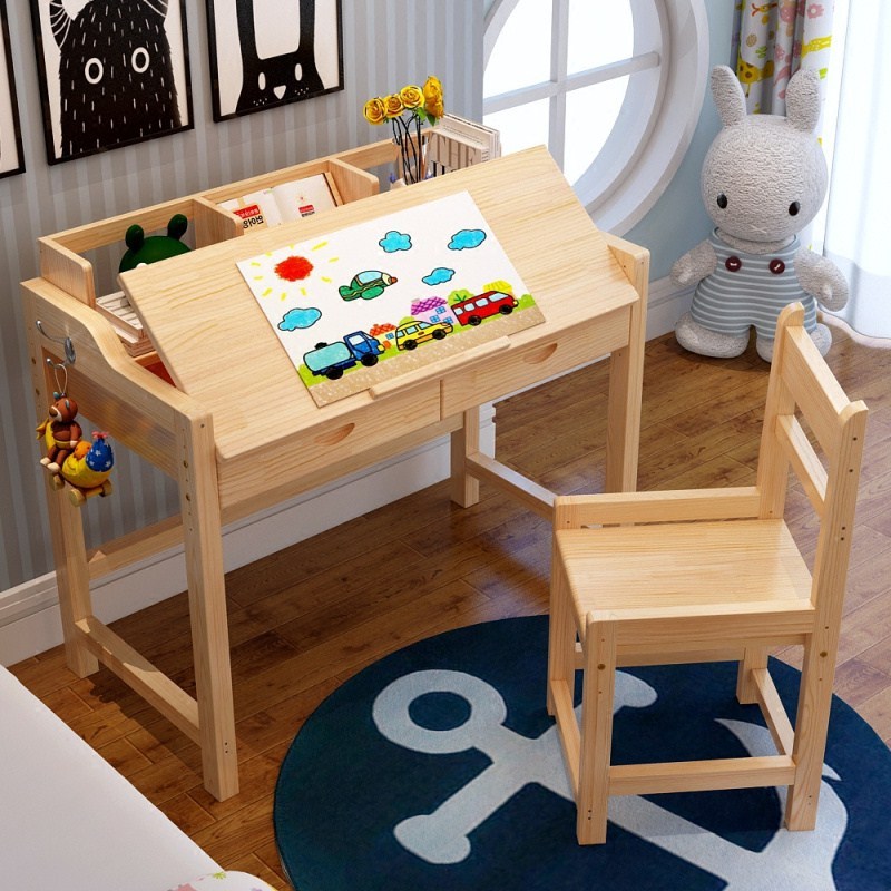 乐优居实木多功能儿童升降学习桌松木书桌书架组合小学生课桌椅套装