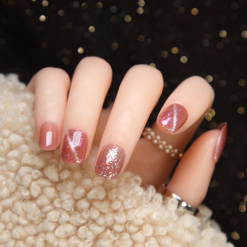 紫霞猫眼短款果冻粉美甲贴片穿戴甲片手工光疗假指甲成品|s746[胶水款