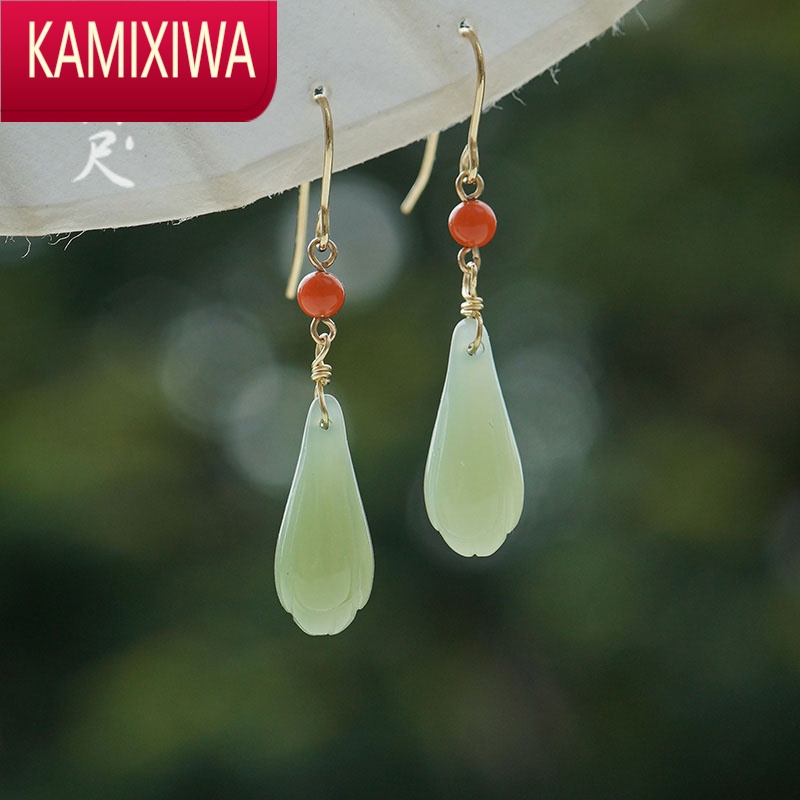 kamixiwa玉兰|和田玉耳坠女兰花玉石耳环14k包金耳饰闺蜜饰品秋冬新款