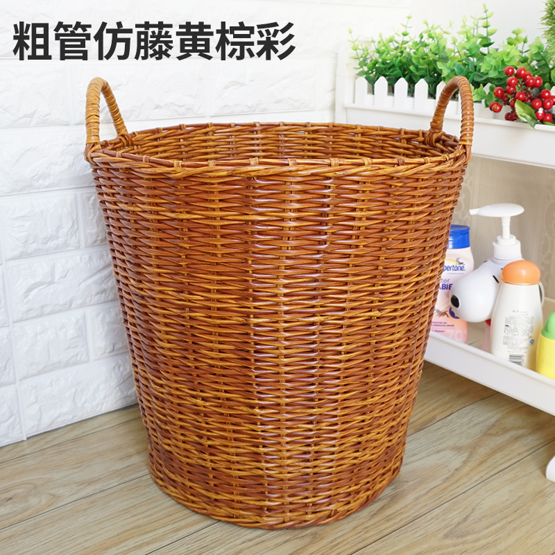 脏衣服收纳筐家用藤编篮子塑料编织篓洗衣桶玩具篮装放衣服的 彩管粗藤棕色(进口)M篮身高28厘米
