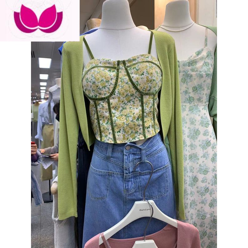 七斓十三行套装女新款2023小个子针织开衫碎花吊带背心短款套高清大图