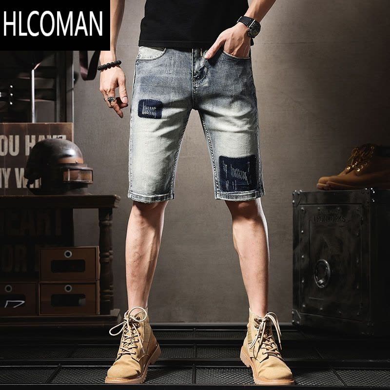 HLCOMAN复古高端牛仔短裤男潮牌ins夏季薄款休闲弹力五分裤个性潮流中裤图片